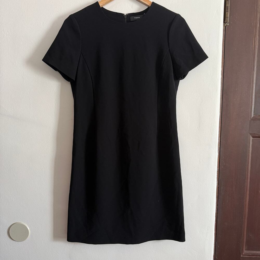 THEORY | Black Crepe Round Neck Short Sleeve Sheath Classic Little Black Dress 4